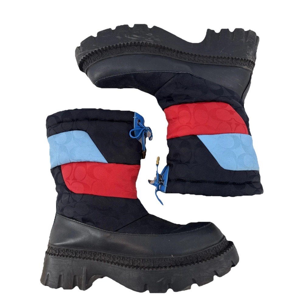 Coach Runway Puffer Snow Boots Women 7B Black Signature C Logo Fleece Lined